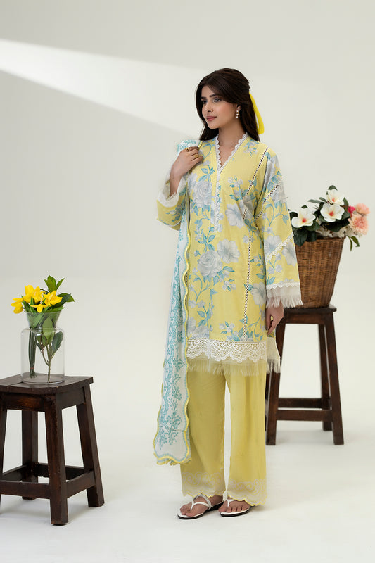 Woman wearing a yellow floral outfit with a white background