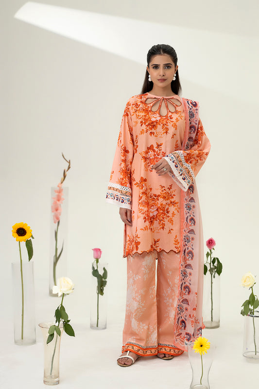 Woman wearing a peach floral outfit with decorative sleeves against a white background with flowers.