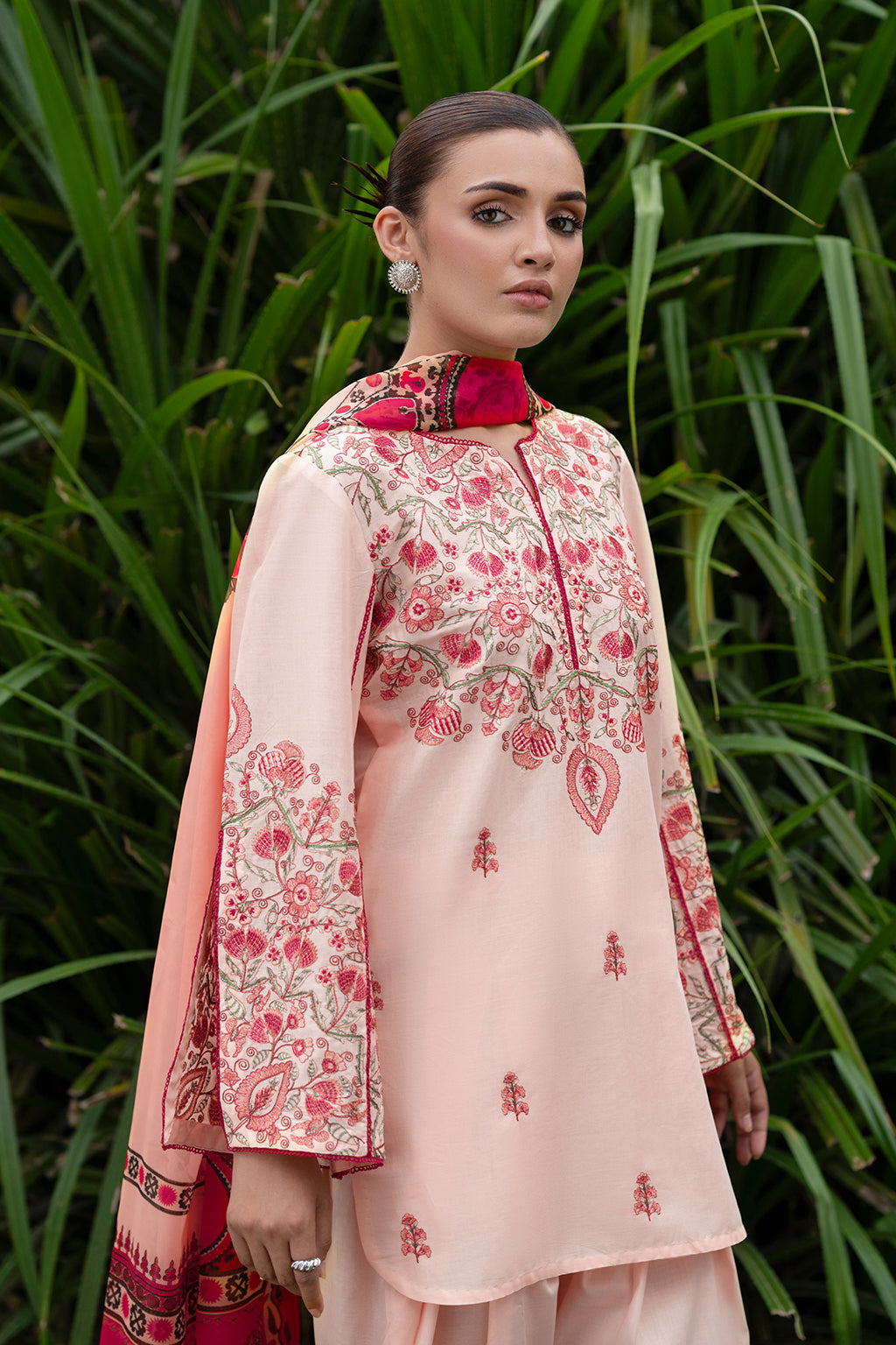 Baby Pink Embroidered Lawn Suit front and right side design for Women