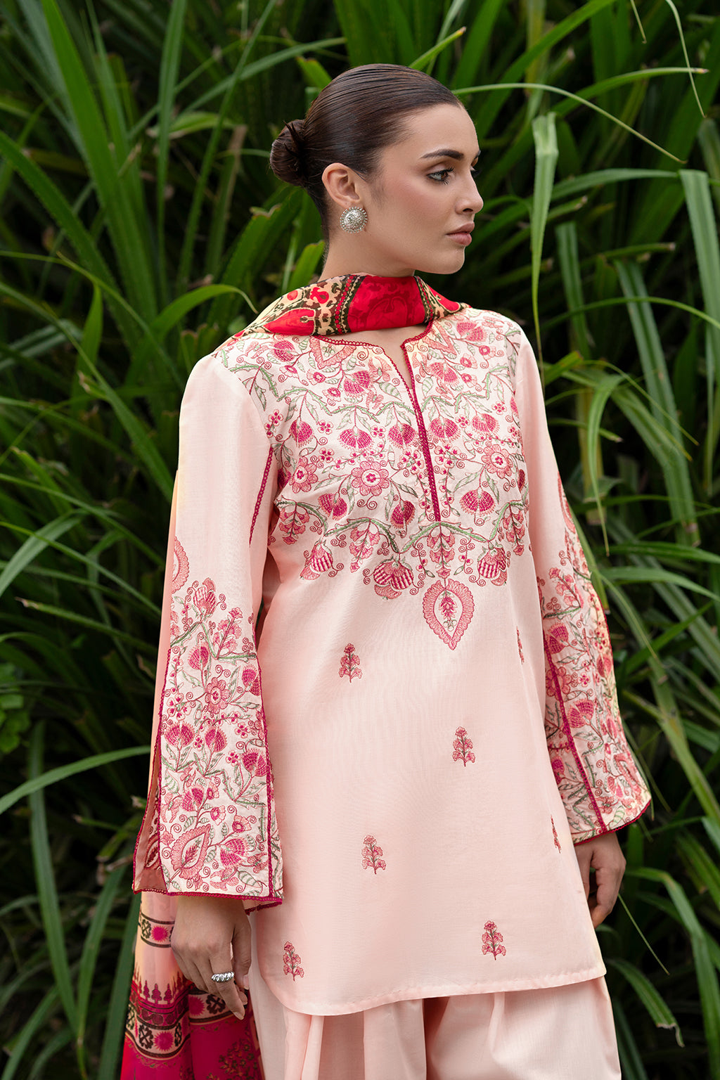 Baby Pink Embroidered Lawn Suit front side with arms design for Women