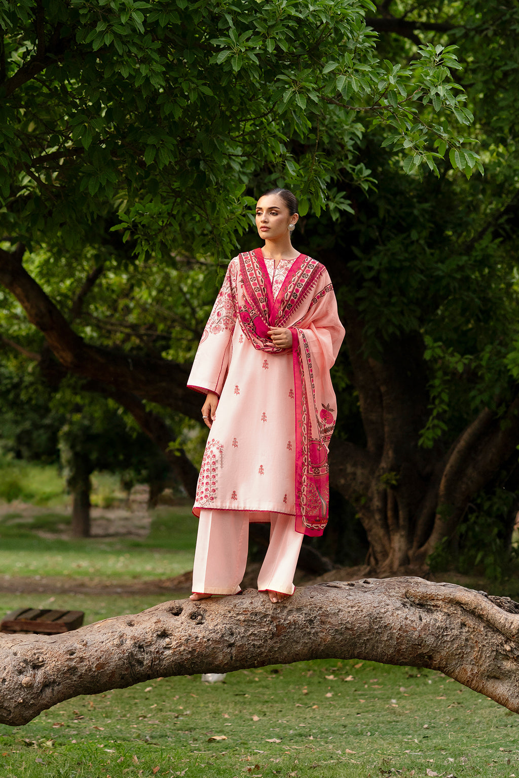 Woman in pink traditional outfit standing on a tree branch in a forest.
