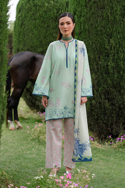 A woman standing in a garden wearing a traditional outfit with blue and multicolored embroidery and a white digital printed silk dupatta.