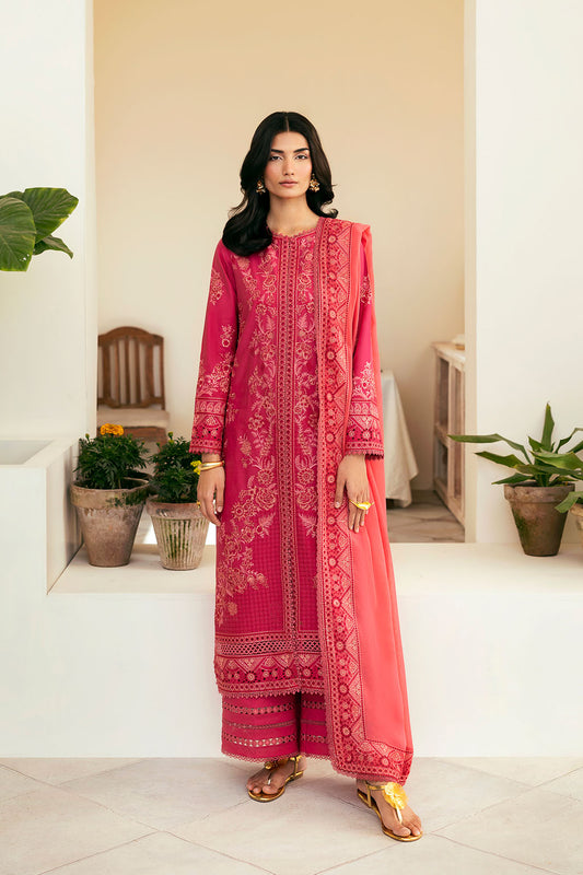 A woman wearing a traditional gajari pink ensemble with embroidery, paired with an embroidered chiffon dupatta, standing in a room with plants in the background.